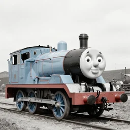 WW2 era photograph of a rail artillery with a huge cannon and with Thomas the Tank Engine's face