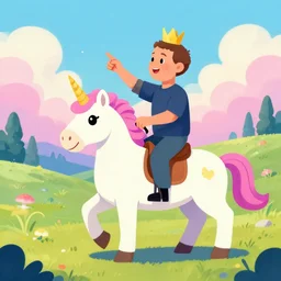 mark zuckerberg riding a unicorn, pointing, wearing a crown, paradise landscape, vivid colors, pastelle, digital art, trending on artstation