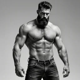 a very muscular man with big beard wearing jeans, badass pose, hyperrealistic, concept art, octane render, unreal engine 5, trending on artstation, high quality, highly detailed, stylish, elegant, path traced, black and white, realistic and detailed face, anatomically correct, five fingers, cinematic, high coherence, dramatic lighting, 8 k