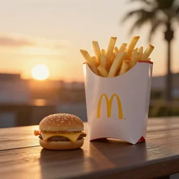 a cinematic photograph of junkfood, at sunset, ultra detailed, realistic, beautiful lightning, golden hour time, 8 k, high depth field