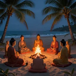 seven buddhas sitting in a circle around a campfire at the beach with palm trees in the back, gloom haven, matte painting concept art, beautifully backlit, vibrant color, detailed