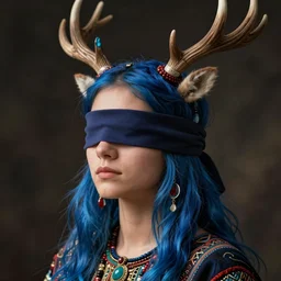 A young female shaman, blue hair and antlers on her head. blindfolded, heilung, in the style of Heather Theurer, headshot photoshoot, insanely detailed and intricate, beautiful, elegant, cinematic toplight, portrait, headroom, artstation, made by karol bak