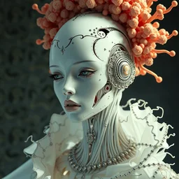 portrait of an absurdly beautiful, graceful, sophisticated, fashionable cyberpunk mechanoid, hyperdetailed illustration by irakli nadar and alexandre ferra, intricate linework, white porcelain skin, faberge, coral headdress, unreal engine 5 highly rendered, global illumination, radiant light, detailed and intricate environment,