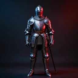 portrait of the fantasy knight in pierre raveneau style, valery klishevich, full face, polish armor, red and blue contrast studio light, hdr, long shot, cinematic, epic, godrays, volumetric light, neon lit, ray - tracing, 4 k, fine details, unreal engine 5, absolute dark background, digital art