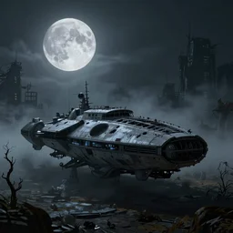 A spooky abandoned Spaceship!! on a dusky biome, foggs, full moon, behance, artstation, unreal render, unreal engine 5, octane, smooth, 8k