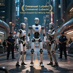 cinematography ai robot rights standoff with police, sci-fi future city street at night. Emmanuel Lubezki