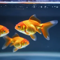 luminescent glowing goldfish swimming in an aquarium, photography