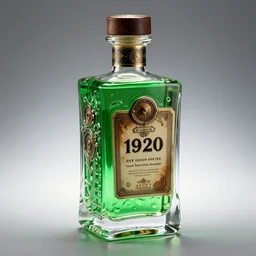 product photo of a cubic luxury decorated steampunk crystal liquor bottle filled with green glowing liquid, label is retro 1 9 2 0, studio light