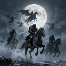 the wild hunt, spectres, riding in the sky, blizzard storm, smoke, full moon, bad omen, intricate digital illustration, photorealistic, octane render, unreal engine, high quality, ultra detailed, artgem, trending on artstation, concept art, fan art, professional 3 d models, dark fantasy, sharp focus, breathtaking art
