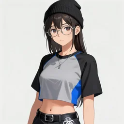 Outfit concept of an anime girl wearing a black grey and blue crop top, rounded eyeglasses, a beanie, and sneakers grey. painted by Simon Stålenhag, detailed, deviantart, high quality, masterwork, raytraced, amazing detail, glorious lighting, well lit, raytraced, detailed, concept art, trending on artstation, artstation