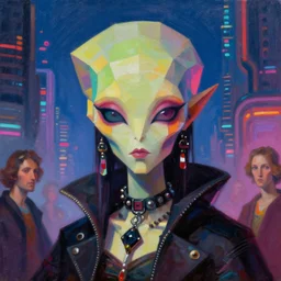 close up portrait of a lowpoly punk goth alien martian girl in a fluorescent cyberpunk futuristic city, oil painting by canaletto hieronymus bosh leonardo da vinci piero della francesca botticelli