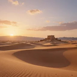 beautiful render of a desert landscape, unreal engine, stunning sunset, majestic dunes, mountains, thin clouds, big ancient castle ruin, soft light, by greg rutkowski, cgsociety