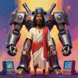 stylish caricature 3 d vfx drew struzan movie poster art of an african jesus christ, giant mecha & retro gaming consoles, art style by james jean & hsiao - ron cheng, unreal engine render, digital illustration, sharp, intricate detail, volumetric lighting, ray tracing, soft light, colourful, claymation style, ernie barnes style, symmetry, acrylic on canvas, pinterest,