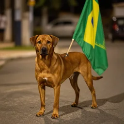 beautiful telephoto of stray, Stray caramel dog and a green and yellow flag in the streets of Brazil | Rhodesian Ridgeback | photo, dslr, nikon lens, night time photography