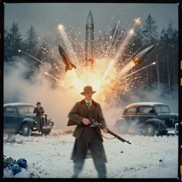 kodak portra 4 0 0, wetplate, muted colours, blueberry, 1 9 3 0 s style, motion blur, vivid portrait of a backdrop, explosions, rockets, bombs, sparkling, old forester, rifle, forest, snow, haze, fog, by georges melies and by britt marling, no car