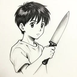 a young boy holds a butcher's knife in their hand, anime style, drawn in black pen ink sketch