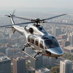 amazingly detailed futuristic helicopter with shiny metal and robotic parts flying above large city, hd, artstation, scott robertson