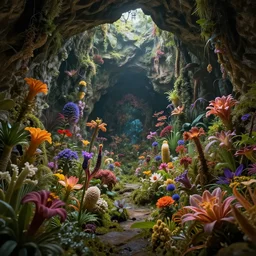 cave full of exotic flowers in a fantasy world