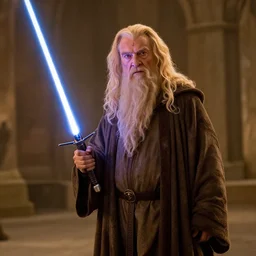 wide angle long shot, film still dumbledore in the lord of the rings holding a lightsaber, warm lighting, photorealistic, realistic, detailed, 1 2 0 mm, 8 k
