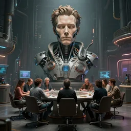 a group of people sitting around a table in a room with giant michael winkelmann cyborg bust in center, cyberpunk art by rube goldberg, cgsociety, beeple, computer art, dystopian art, reimagined by industrial light and magic, concept art