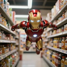 mini iron man flying around in a crowded grocery, macro, wide shot, dramatic lighting, octane render, hyperrealistic, HD