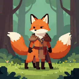 a medieval anthropomorphic fox assassin with a fluffy tail in the forest, pixel art