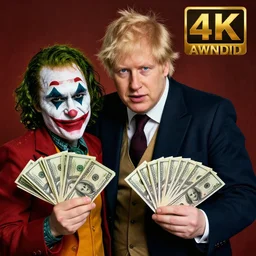photo of boris johnson dressed like satan and the joker holding bundles of cash, highly detailed, 4 k, hdr, smooth, sharp focus, high resolution, award - winning photo