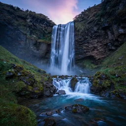 highly detailed wide angle profesional photo of waterfall from mountains at the time of evening, award winning long exposure photography, vibrant cool colors, art by greg rutsowski, concept art, 8 k detail post - processing
