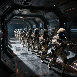 sci-fi cinematography of space soldiers moving tactical formation through a dark spaceship corridor. By Emmanuel Lubezki