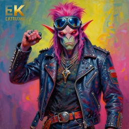 portrait of a scifi apocalyptic demonic orcish goblin biker character, cool pose, psychedelic vibrant colors, futuristic punk rock fashion, oil painting by michael whelan art, sharp focus, ultra realistic 8 k, biker goggles, 8 0 s hair, studded leather jacket, 8 k