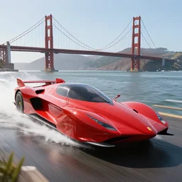 concpet art featuring a futuristic red racing speedboat designed in the style of ferrari at golden gate park. bridge in background. fine detail. surf. this 4 k hd image is trending on artstation, featured on behance, well - rendered, extra crisp, features intricate detail, epic composition and the style of unreal engine.