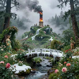 candy mountain, ornate, beautiful, atmosphere, vibe, mist, smoke, fire, chimney, rain, wet, pristine, puddles, melting, dripping, snow, creek, lush, ice, bridge, green, forest, roses, flowers, by stanley artgerm lau, greg rutkowski, thomas kindkade, alphonse mucha, loish, norman rockwell