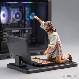 figurine of jesus playing games on his computer, high end pc rig, personification, dynamic pose, detailed product photo, featured on amiami, tone mapped, still beautiful composition, 8 5 mm, f 1. 8, high detail