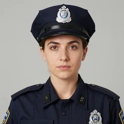 portrait of Maria Vania wearing police uniform, by Charlotte Grimm, natural light, detailed face, CANON Eos C300, ƒ1.8, 35mm, 8K, medium-format print