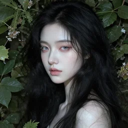highly detailed portrait of a beautiful girl, endless black hair with pale skin, fibonacci fragile, surrounded by leaves and flowers by james jean, by victo ngai, 4 k resolution, trending on artstation, very very detailed, masterpiece, stunning