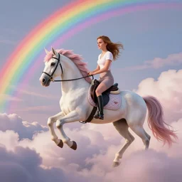 emma watson riding a unicorn, sylvain sarrailh, radiant lighting, artstation, alena aenami, rainbow cloudy dreamscape
