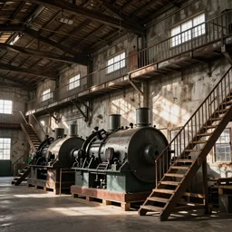 an old warehouse, large machinery on wooden pallets, stairs, rafters, walkways, balconies