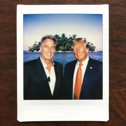 polaroid of jeffrey epstein and donald trump on an island