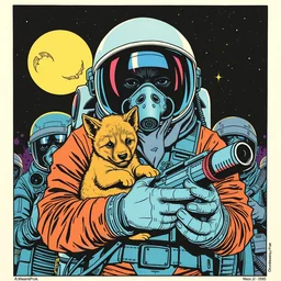 detailed grainy risograph, detailed comic cover, astronaut holding a puppy, with wolfs gang, grey bandana, wolf gas mask, weapon, vivid colors, with copyright, with published logo, and volume, cberpunk, by moebius and lehr paul and kim jung gi