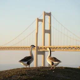 a goose watching the golden state bridge from the top of a mountain, golden hour