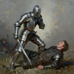 Sobbing knight impaling comrade with sword in the style of Jeffrey Catherine Jones