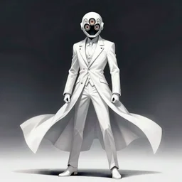 full body portrait of a male character in sleek clothes, in a futuristic flowing white tailcoat, wearing a white full-face helmet with five round lenses for eyes, many eyes, dramatic lighting, illustration by Greg rutkowski, yoji shinkawa, 4k, digital art, concept art, trending on artstation