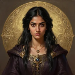 head-on symmetrical centered painted portrait, Indian woman D&D wizard, black hair, medieval robes, fantasy, intricate, elegant, highly detailed, digital painting, smooth, sharp focus, illustration, artstation, in the style of Artgerm and Anna Podedworna and Alex Ross