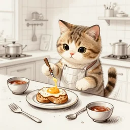 a cute cat cooking a breakfast, sketch, high quality