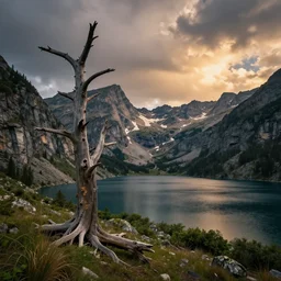 beautiful very old photo of a landscape of mountains with lake and a dead tree in the foreground by marc adamus, dramatic sky, cinematic colors, flickr, canon 5 dsr