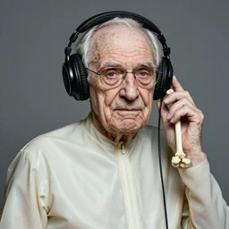 Portrait of old age grandpa granny wearing a latex gimp suit, wearing headphones and a bone in hand by bill sienkiewicz