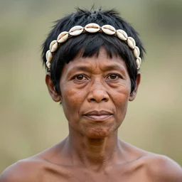 award winning photograph of a neanderthal woman with short haircut and shell headband, vivid color, f 2. 0, cannon, nikon, national geographic