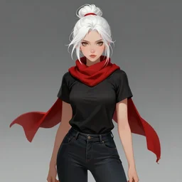 portrait of a girl sorcerer with white hair in a messy white hairbun. She is wearing a short black tshirt, jeans pants, a red scarf. digital art, character design. in the style of wlop, rossdraws, artstation trending