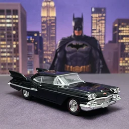3 5 mm photo of black 1 9 6 0 s batmobile batman car, tim burton cinematic, hot wheels model with new york city as background