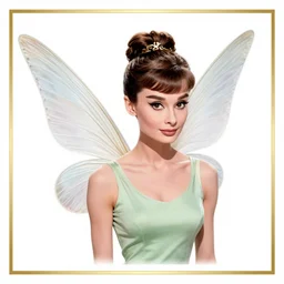audrey hepburn as a fairy with wings, digital art, inspired by artgerm and tinkerbell, border and embellishments by alphonse mucha, classic beautiy, flowers in hair, angelic, standing in the forest